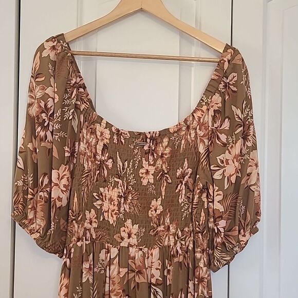 Rip Curl Floral Print Desert Dreams Smocked Poplin Maxi Dress Moss Bronze Size L - Picture 10 of 16